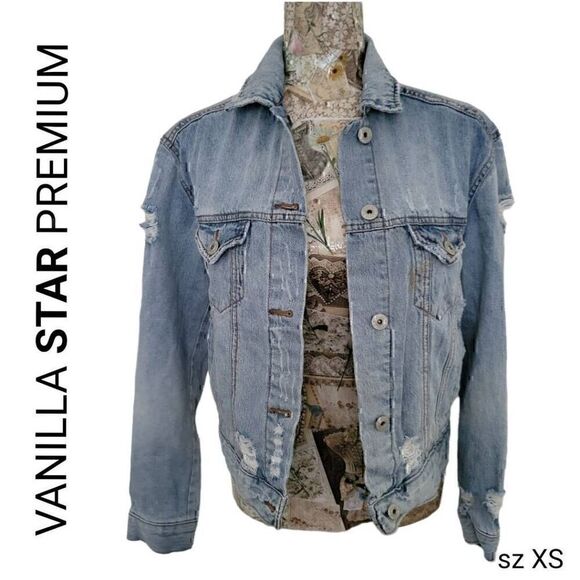 Vanilla Star Premium Distressed Ripped Torn Faded Light Blue Denim Jean Jacket - Picture 1 of 15